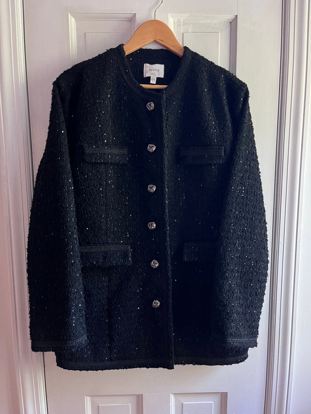Gestuz GZkeiko Sequin Boucle Tweed Knit Coat Silver Buttons Black EU 36, S/M